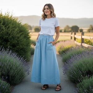 Light Blue Chambray maxi Skirt. Elastic waist. Front pockets